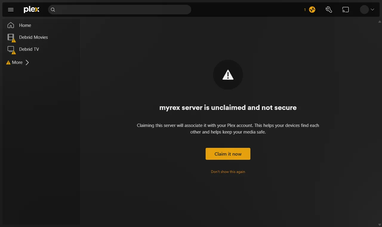 The unclaimed-server notice in Plex