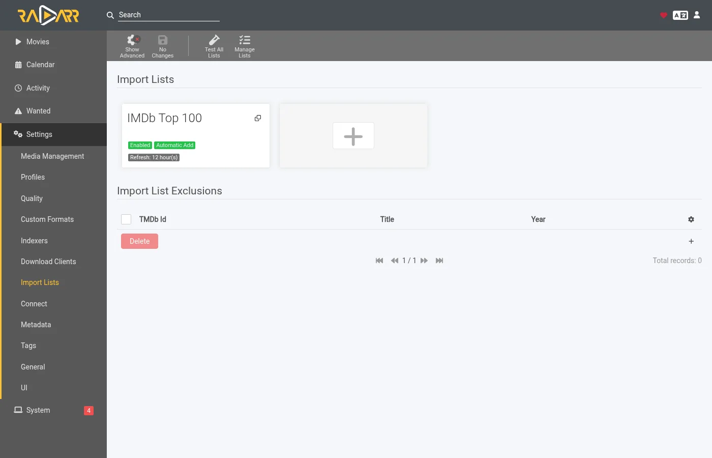 The import lists page with one list