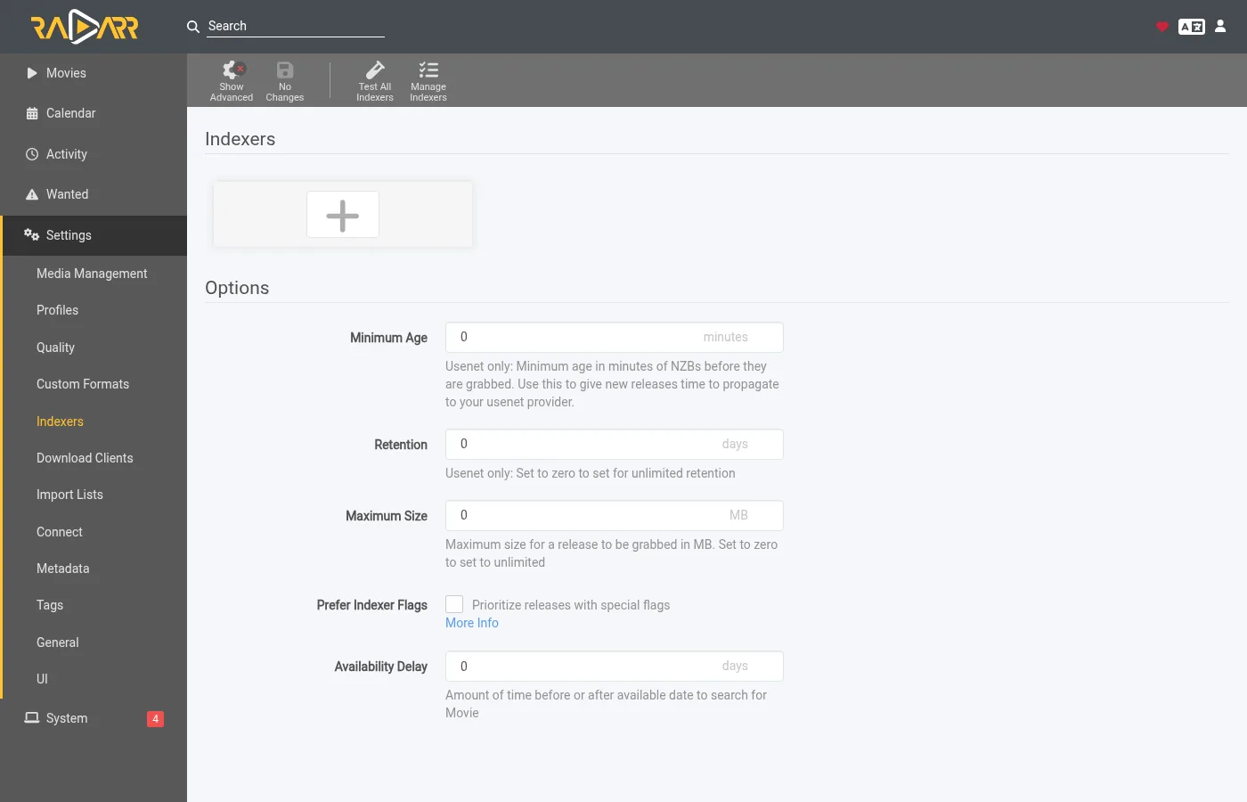 Radarr's indexers page with nothing in it