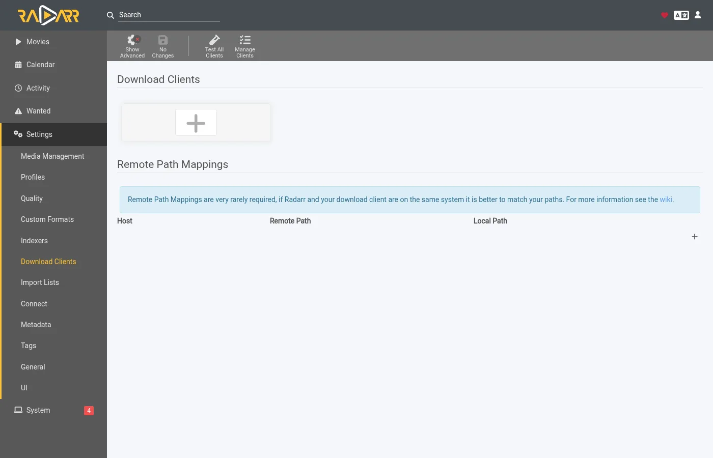 Radarr's download clients page with nothing in it