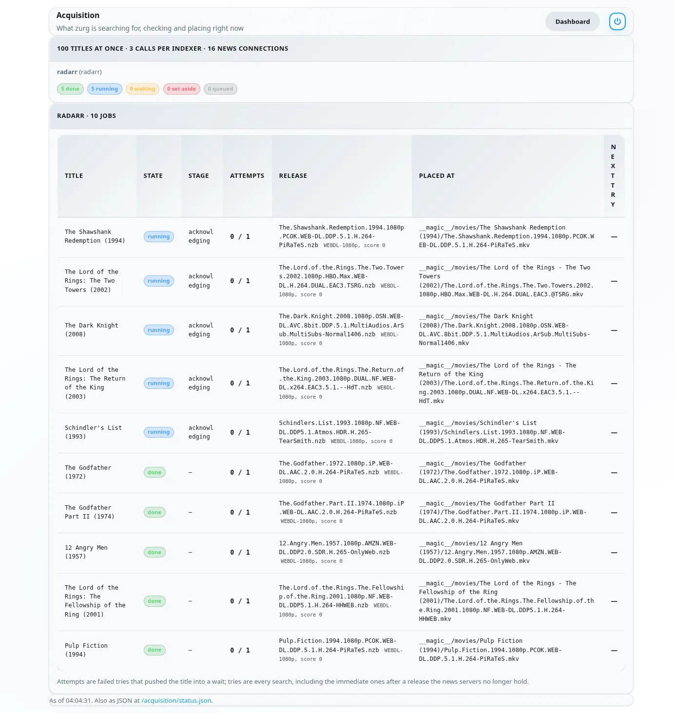 The acquisition page while zurg is working