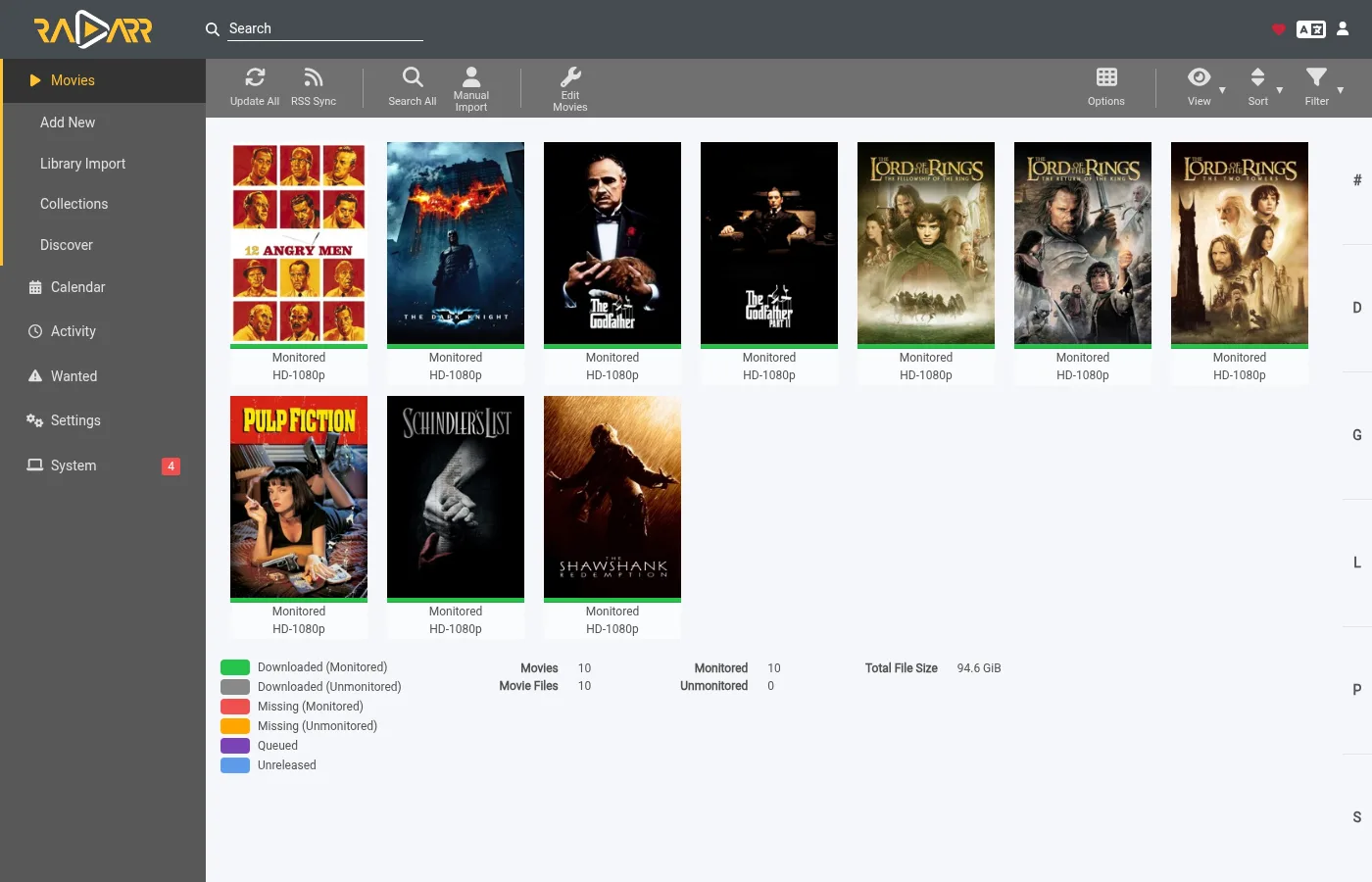 Radarr's movie grid with every movie downloaded