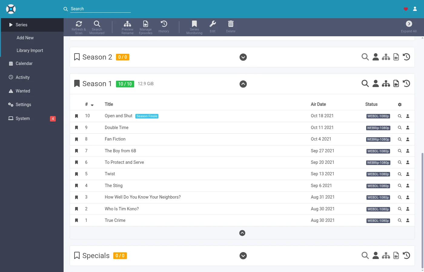 A season in Sonarr with every episode's file