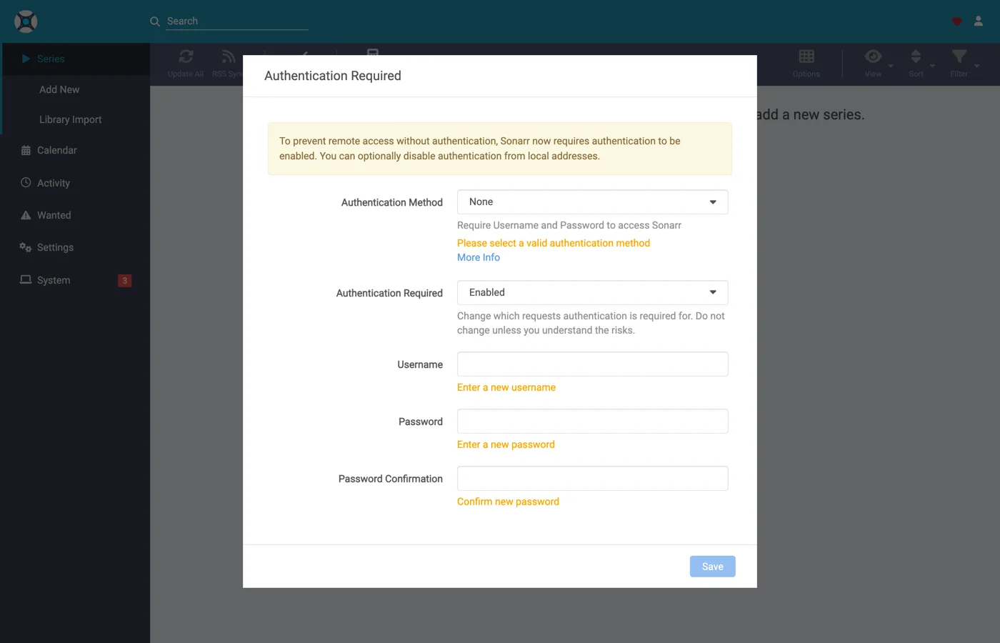 Sonarr's first-run authentication screen