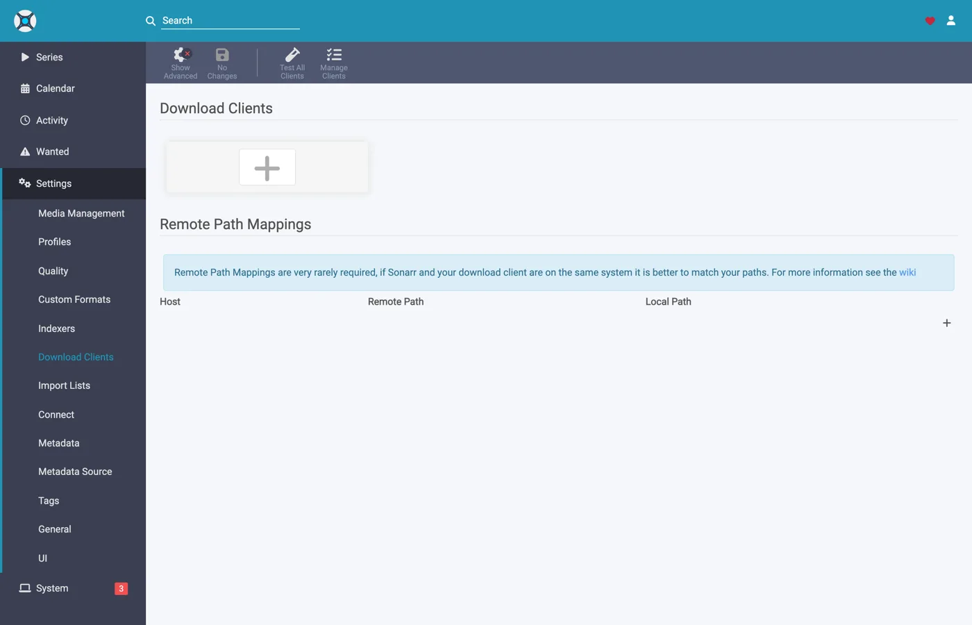 Sonarr's empty download clients page