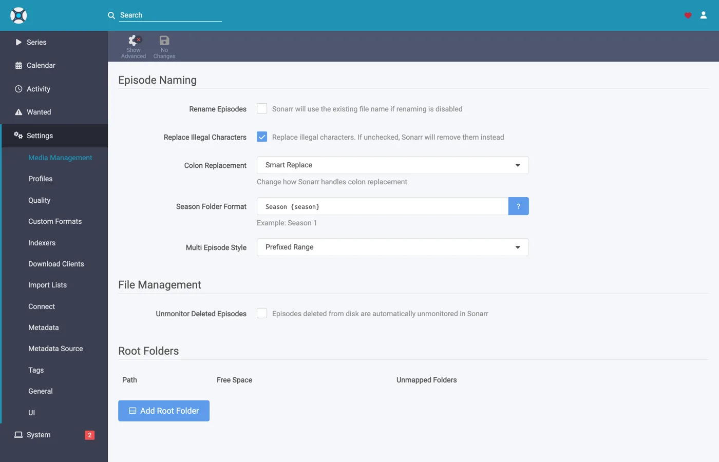 The empty root folders section in Sonarr