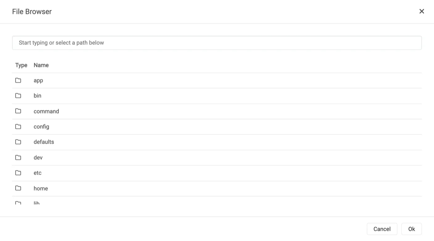 Sonarr's file browser at the filesystem root