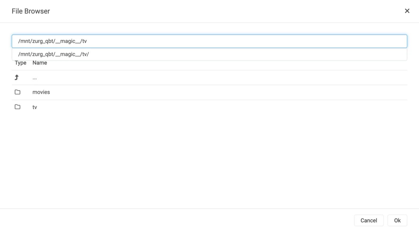 The file browser inside magic, listing tv and movies