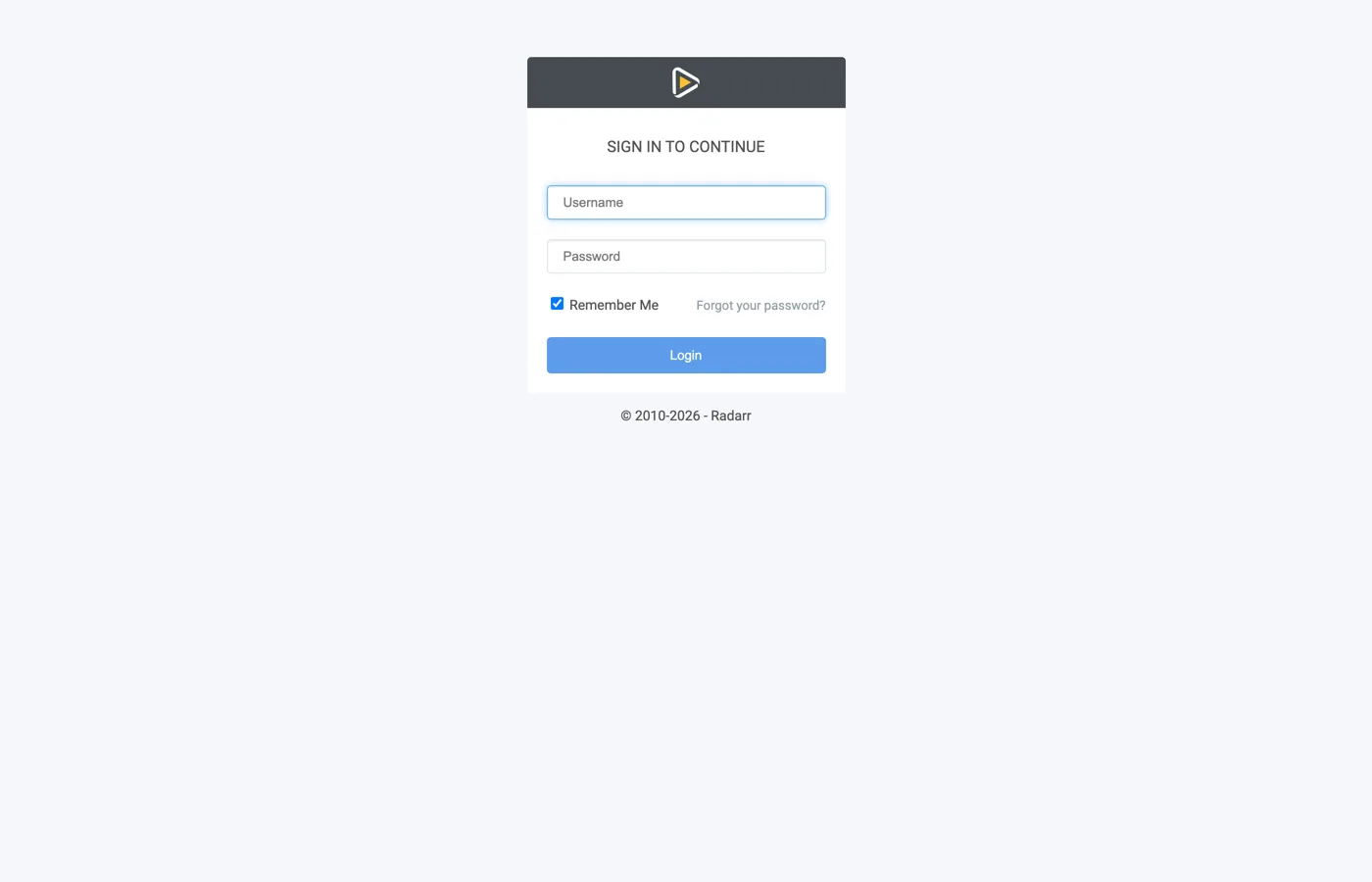 Radarr's login page