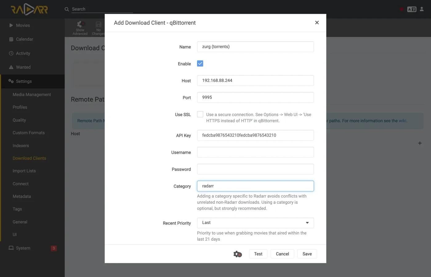 Radarr's qBittorrent dialog filled in with the radarr category