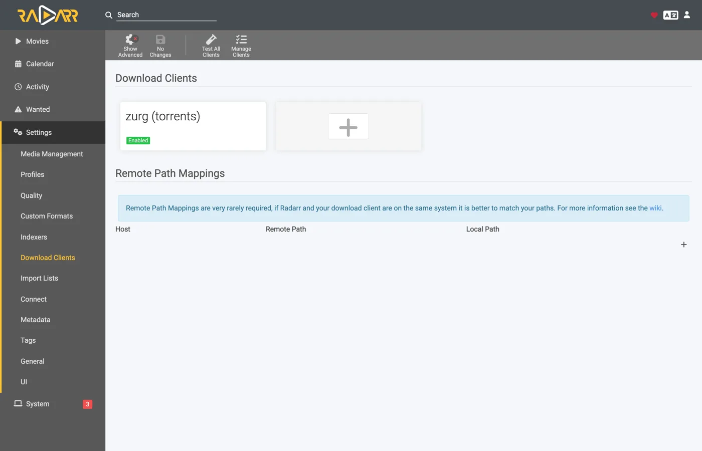 The saved download client card in Radarr