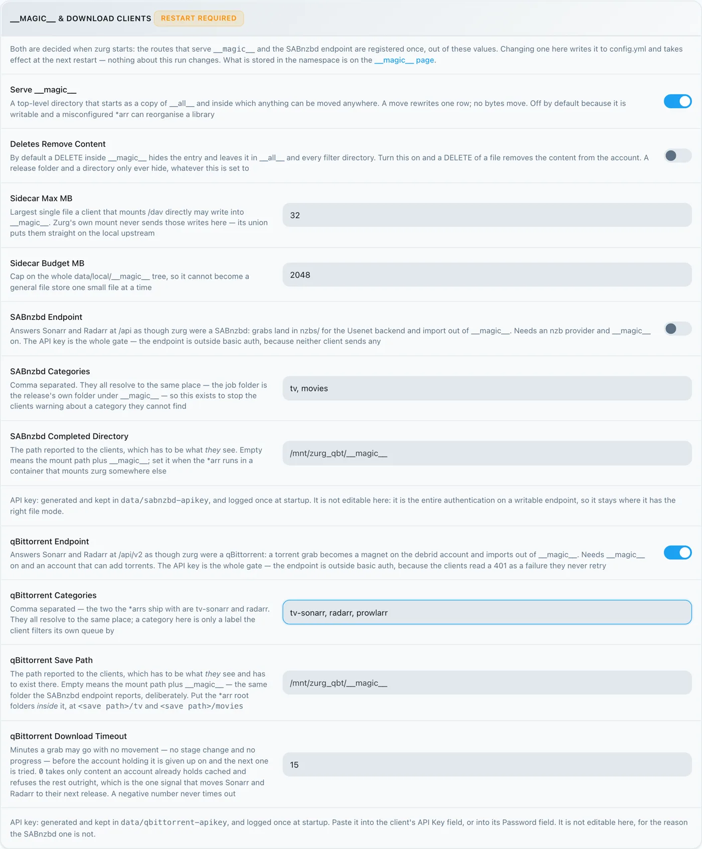 The magic and download clients block on the config page