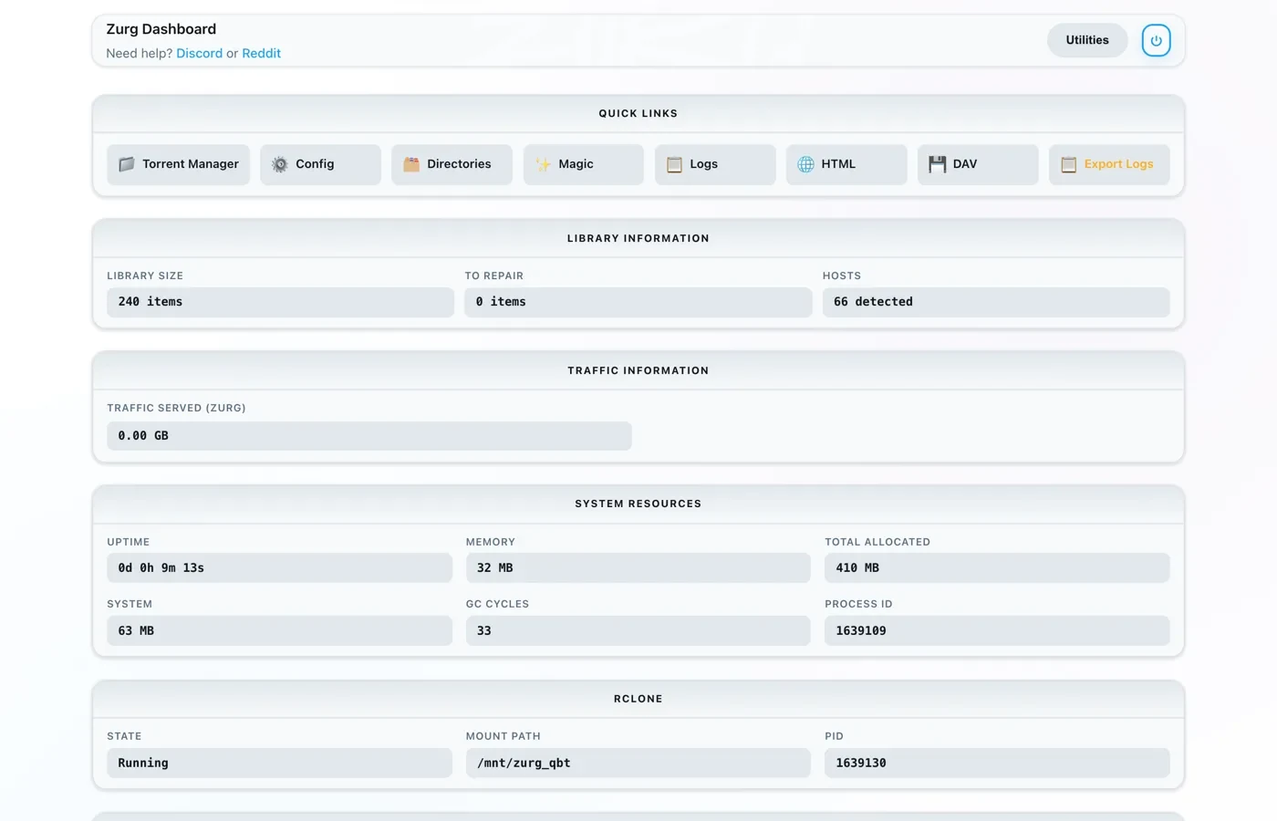 The zurg dashboard's Quick Links