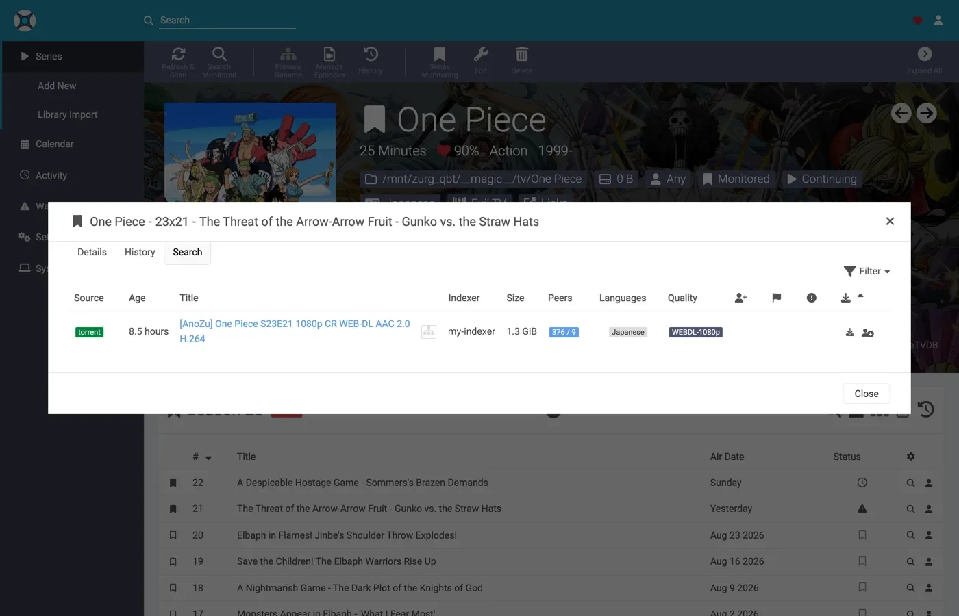 Sonarr's interactive search on one episode