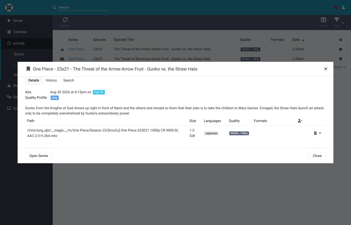 Sonarr's history with the imported episode detail expanded