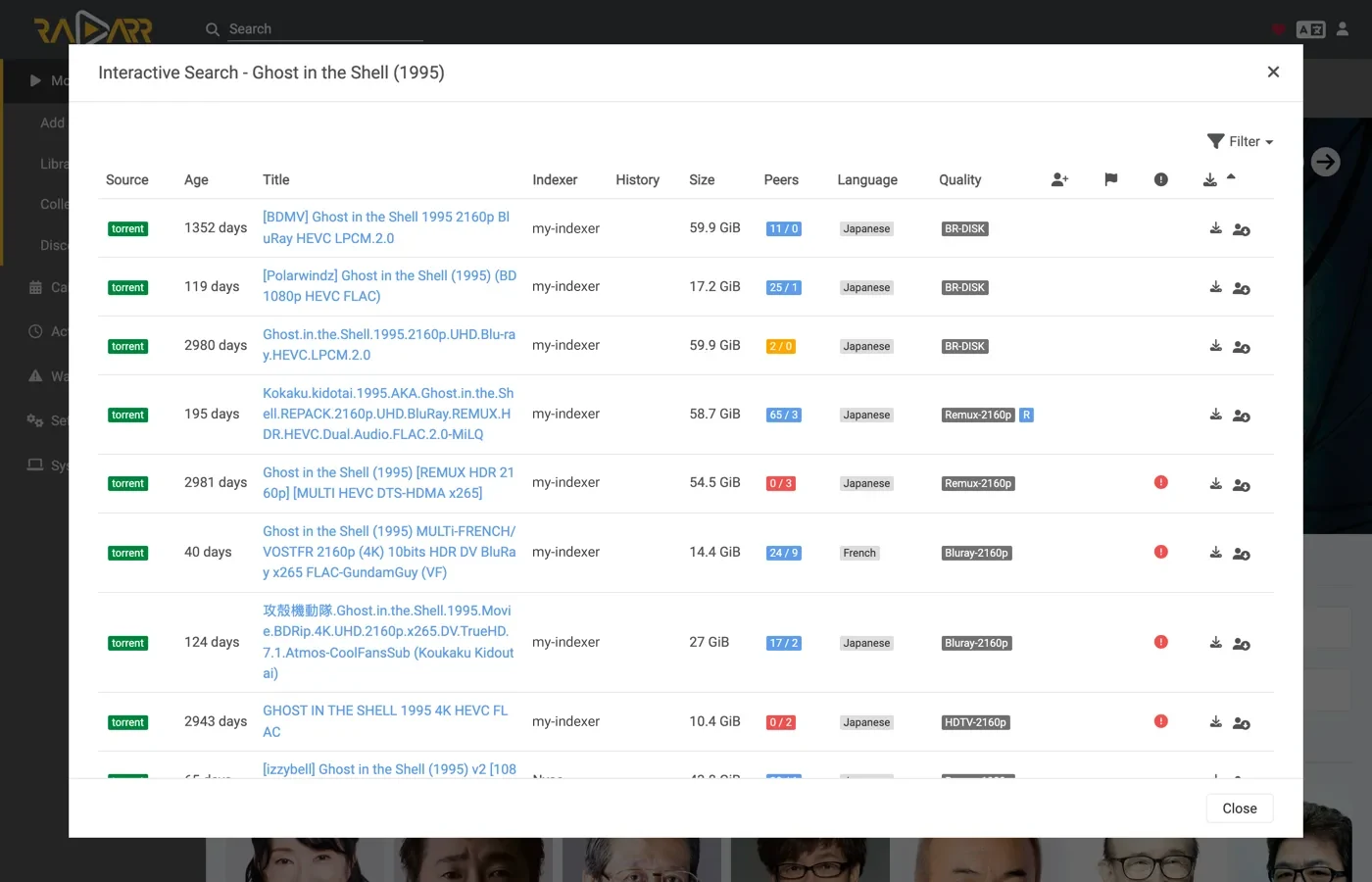 Radarr's interactive search results