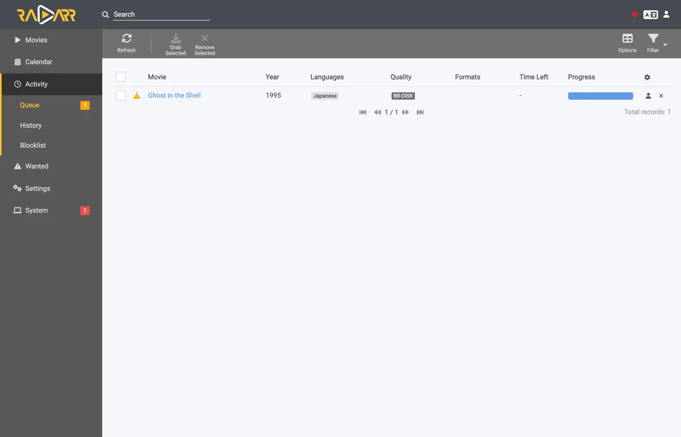 Radarr's queue holding a completed release the client will not import
