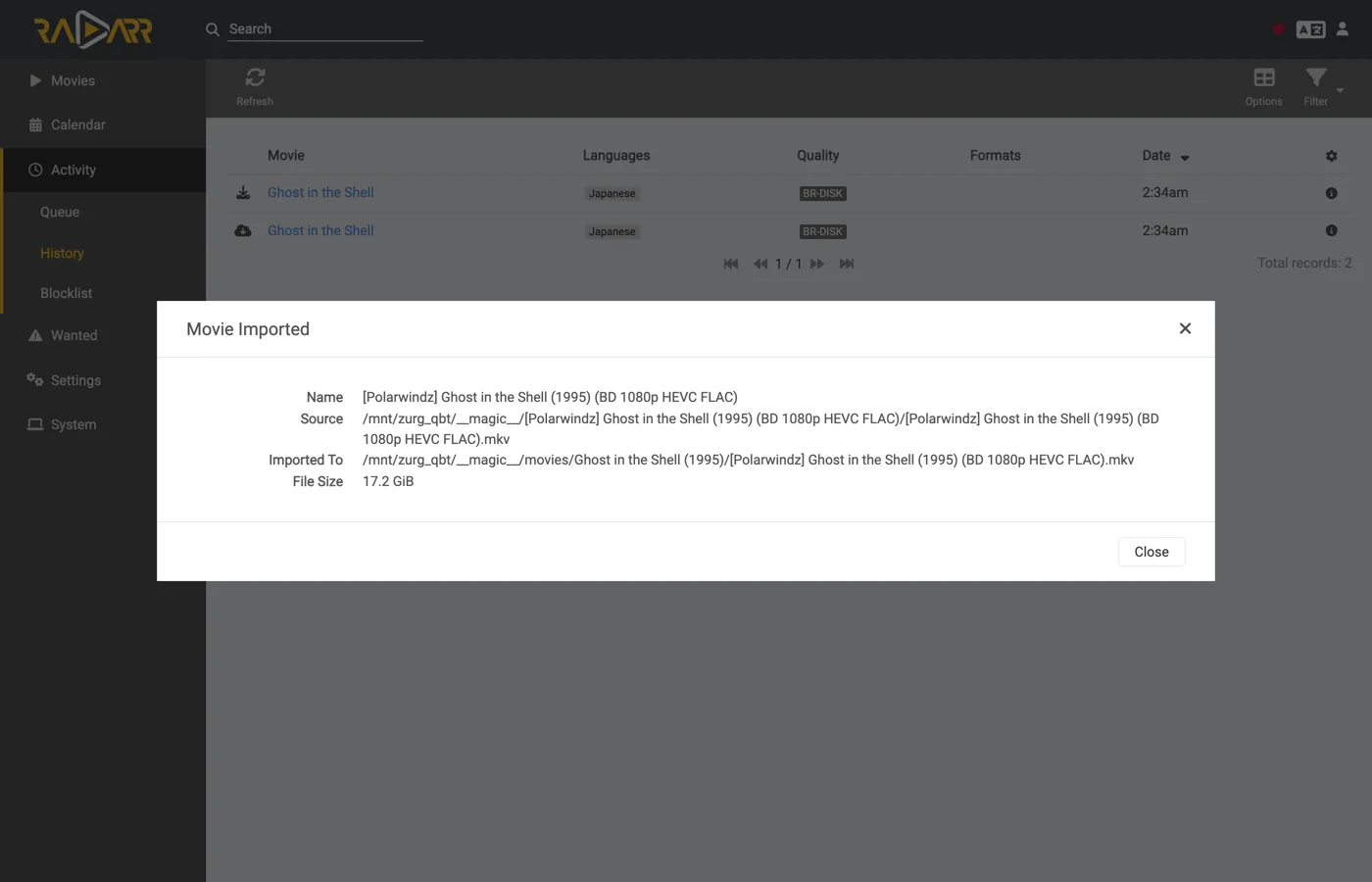 Radarr's history: the imported file, its source and destination both under magic