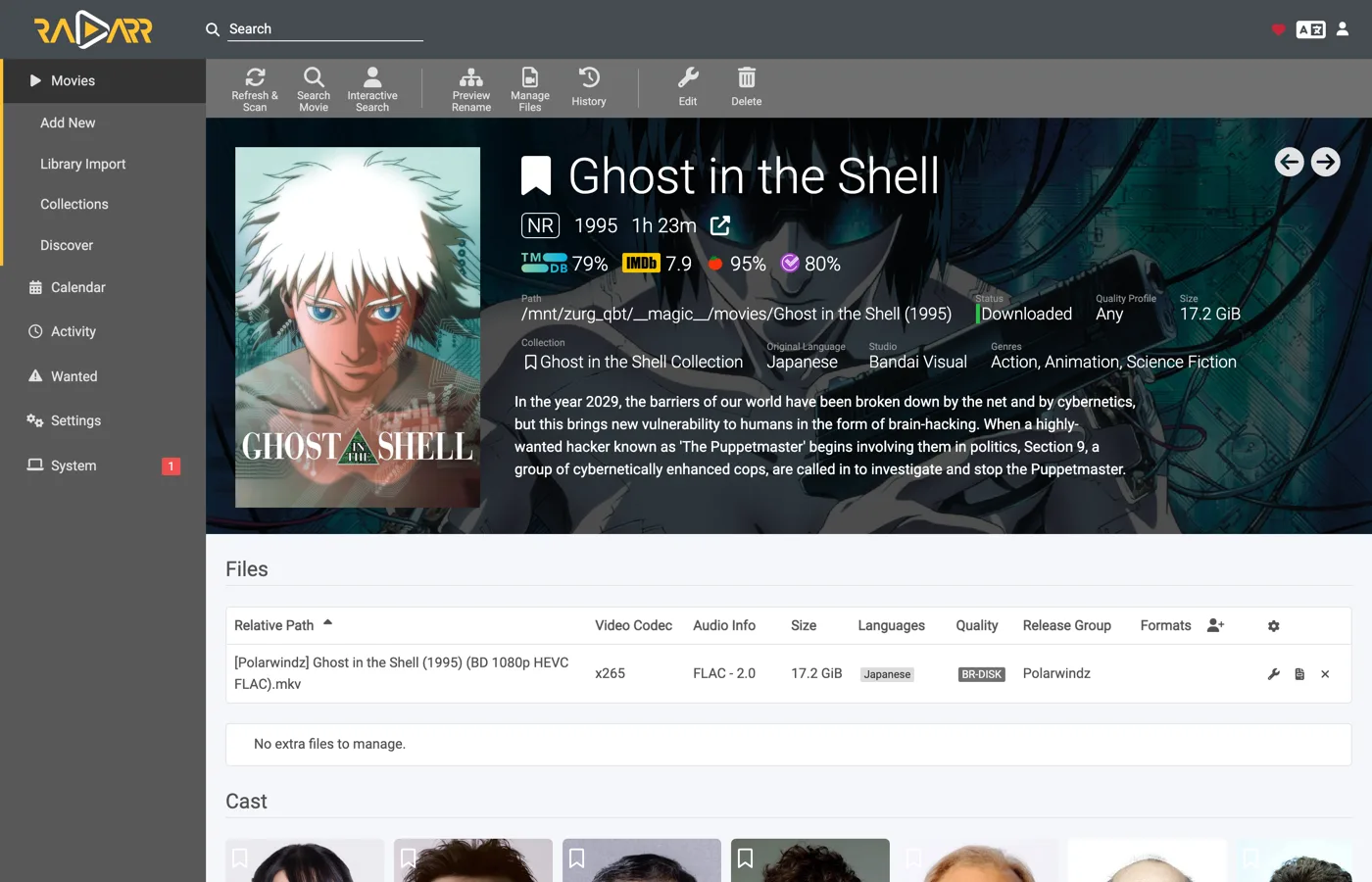 The Radarr movie page showing Downloaded status