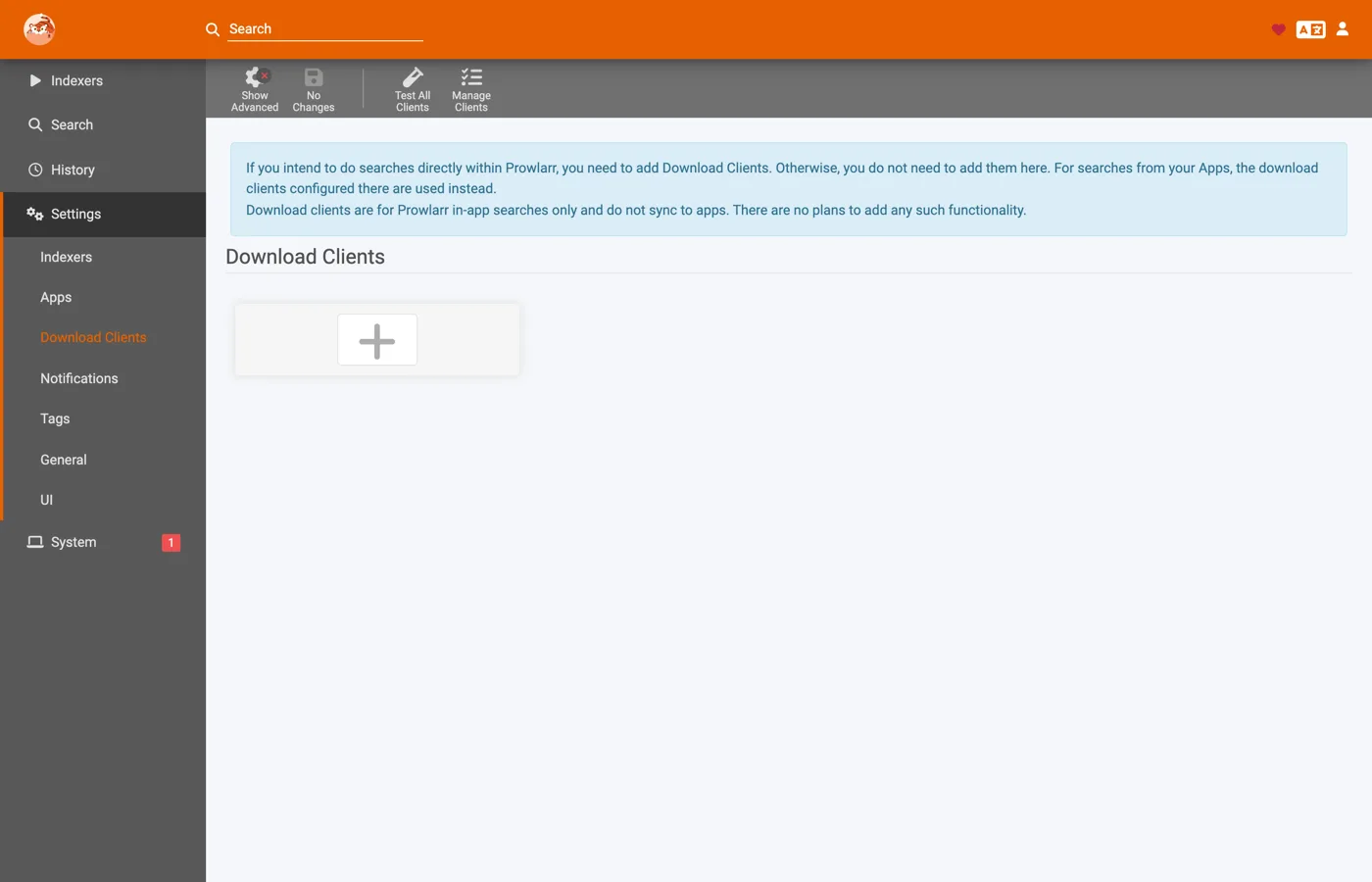 Prowlarr's empty download clients page