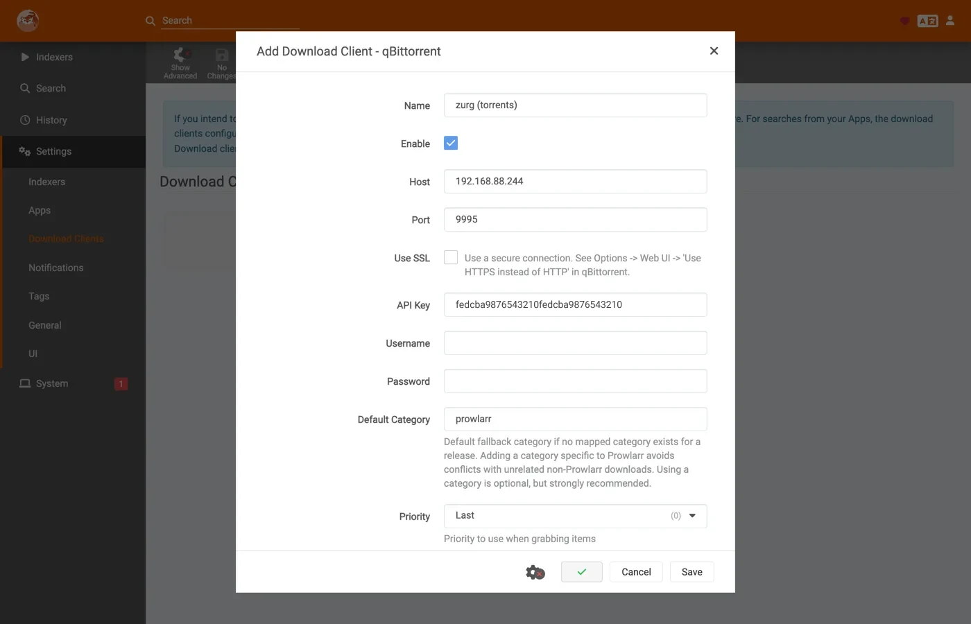 Prowlarr's dialog footer showing a successful test