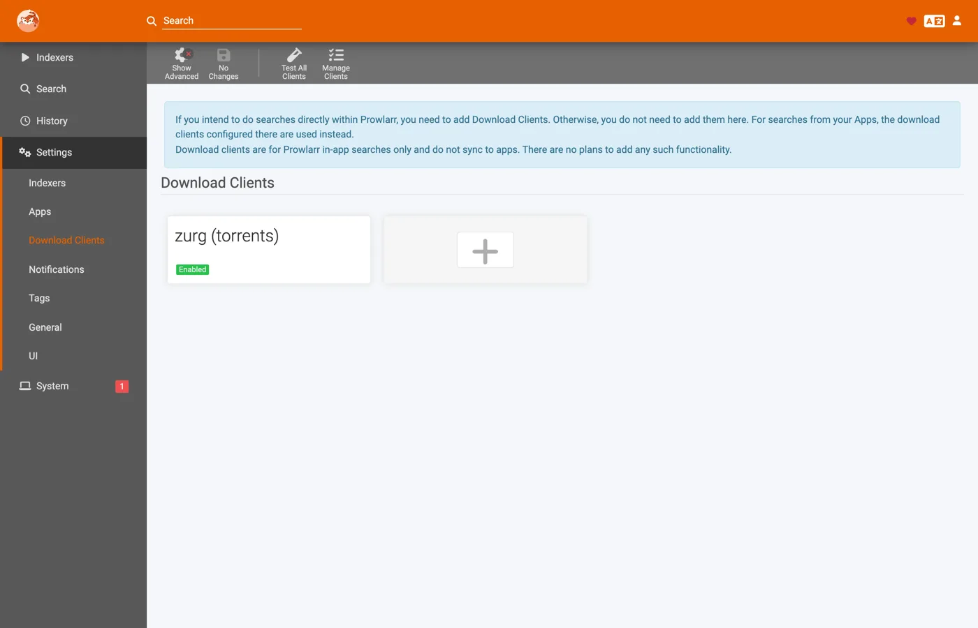 The saved download client card in Prowlarr