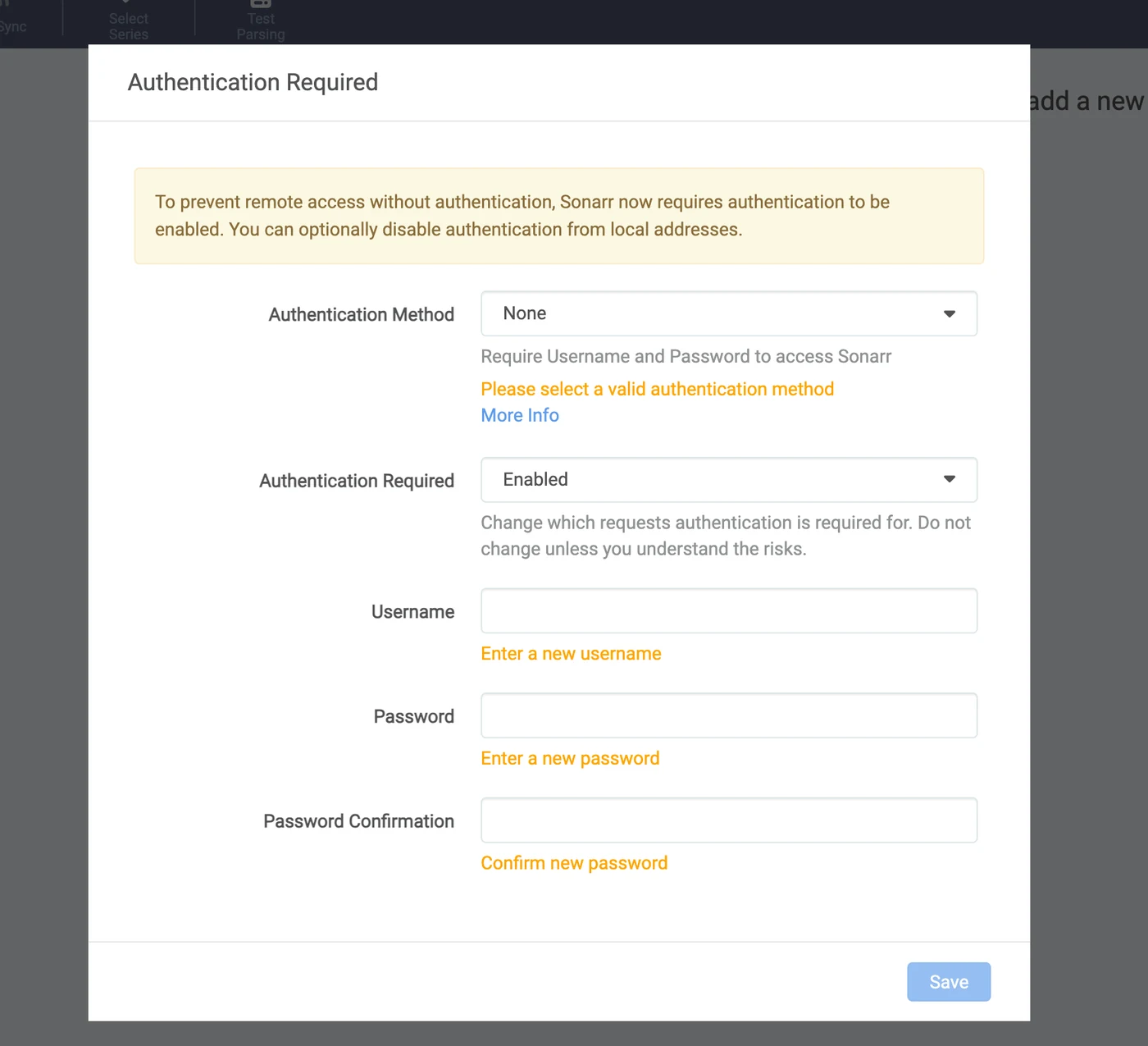 Sonarr's first-run authentication screen