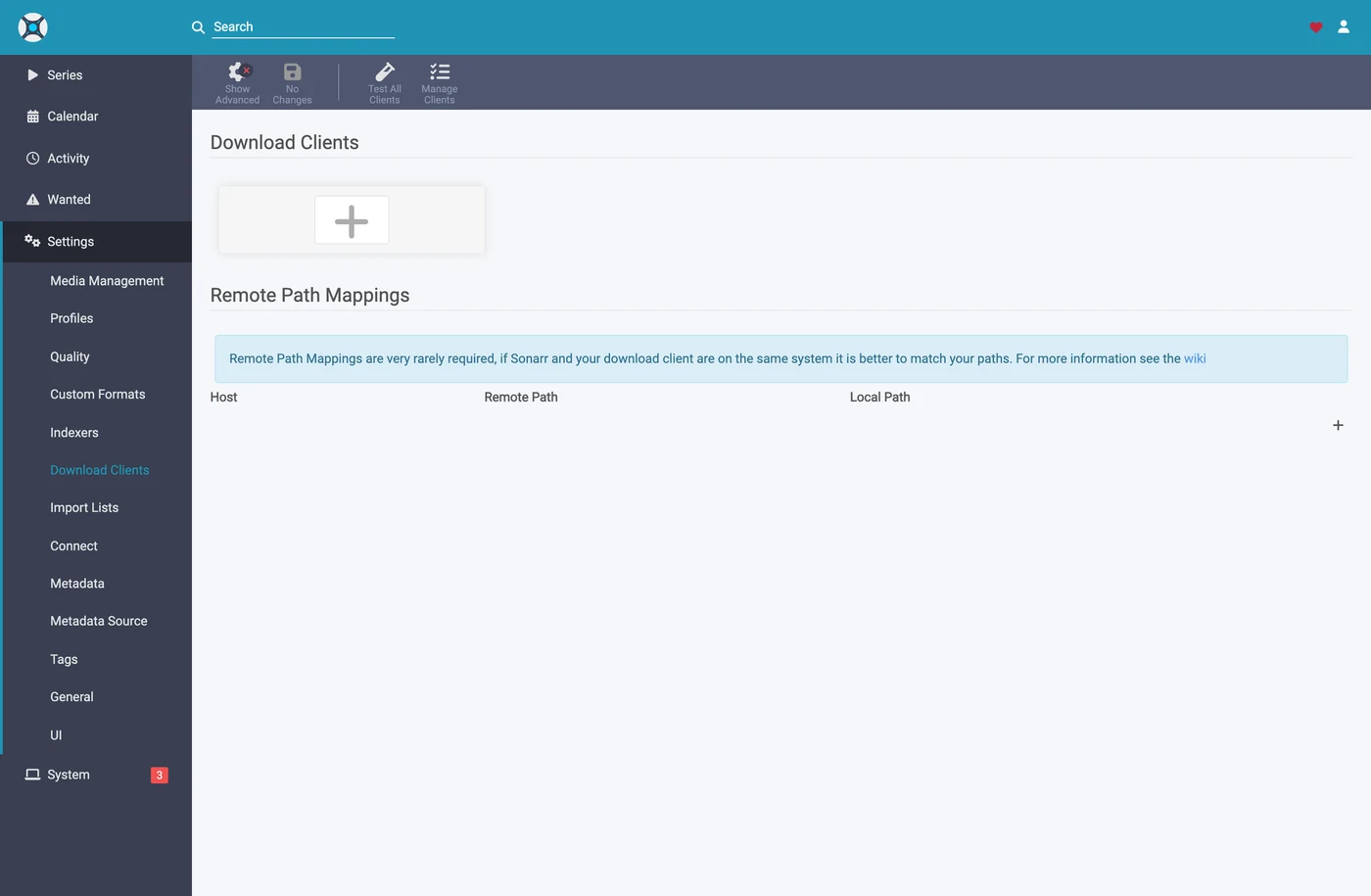 Sonarr's empty download clients page