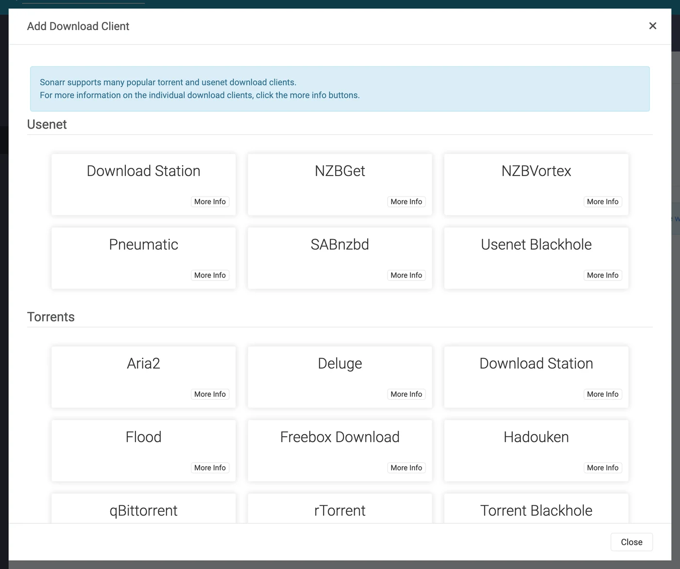 The add download client picker with SABnzbd visible
