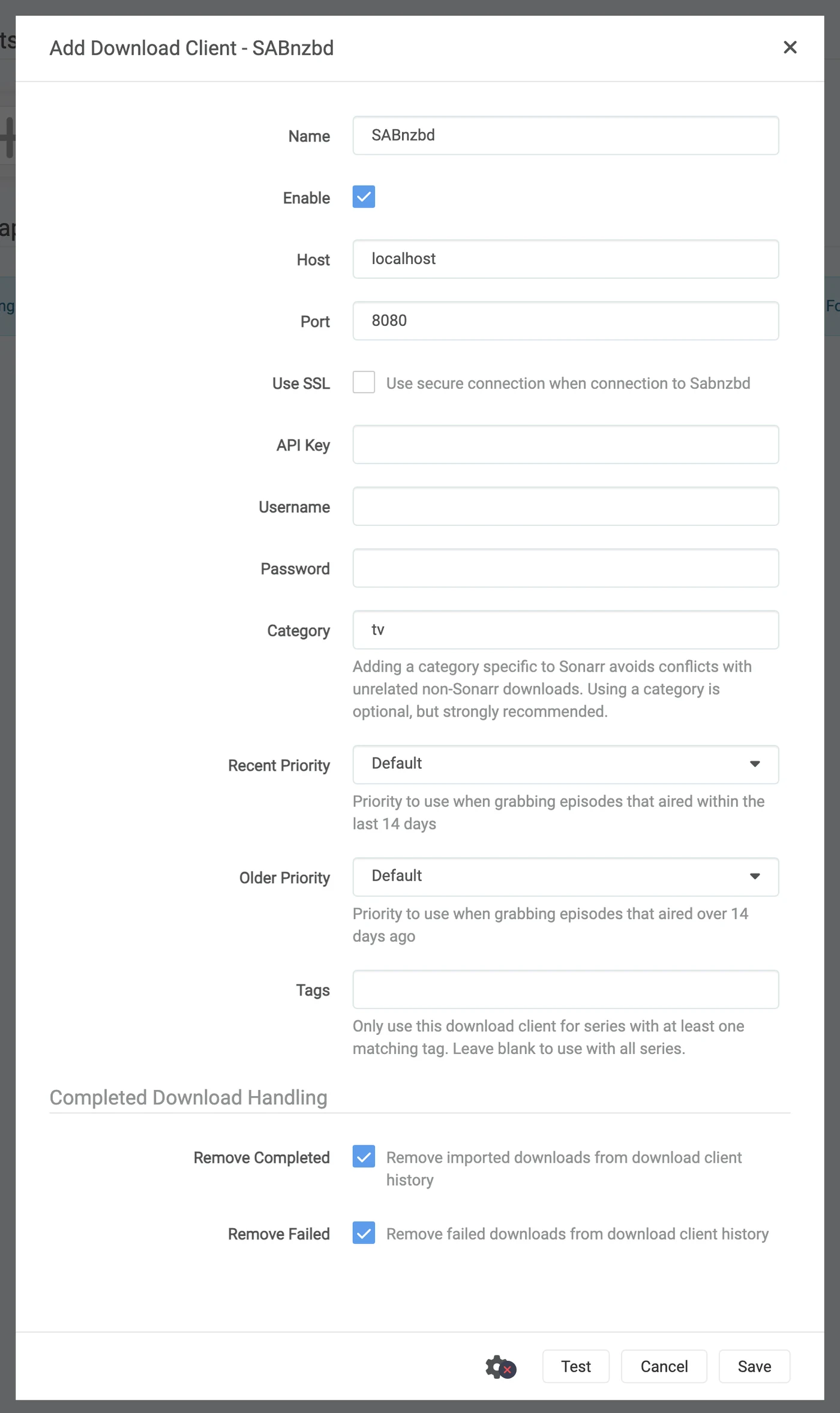 The untouched SABnzbd download client dialog