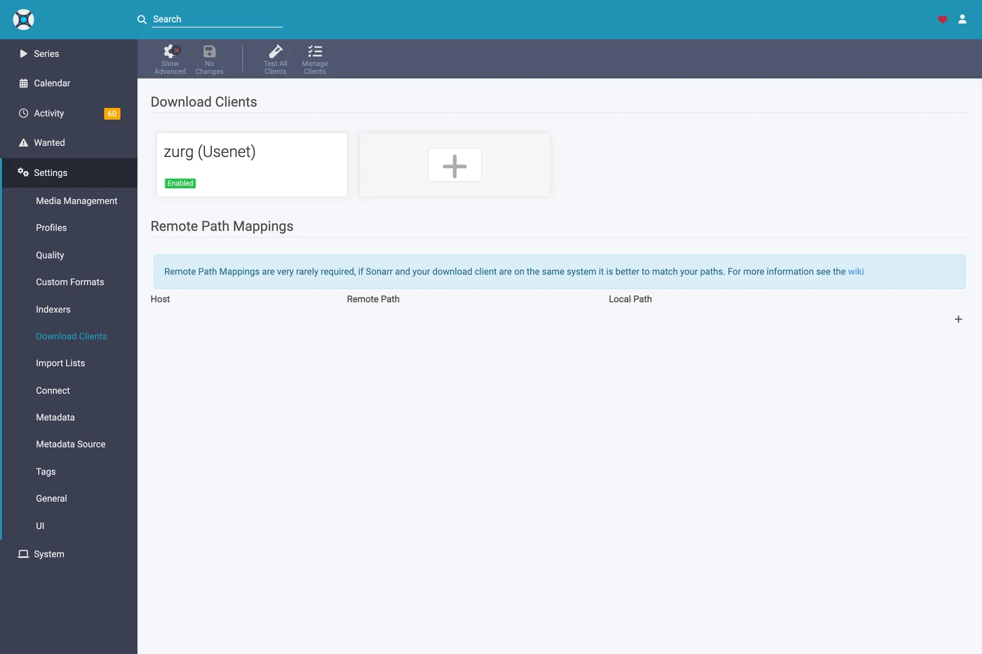 The saved download client card in Sonarr