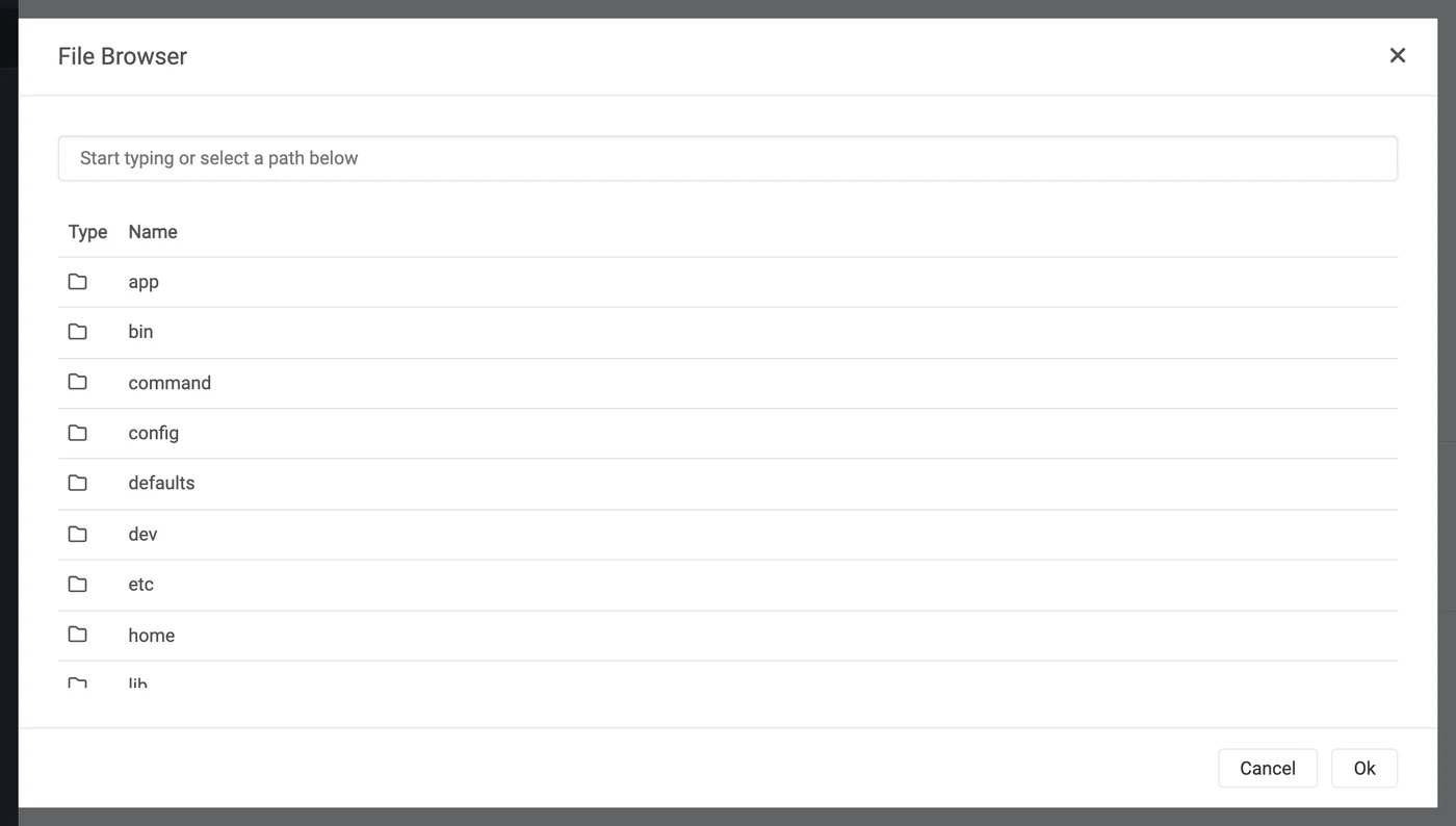 Sonarr's file browser at the filesystem root