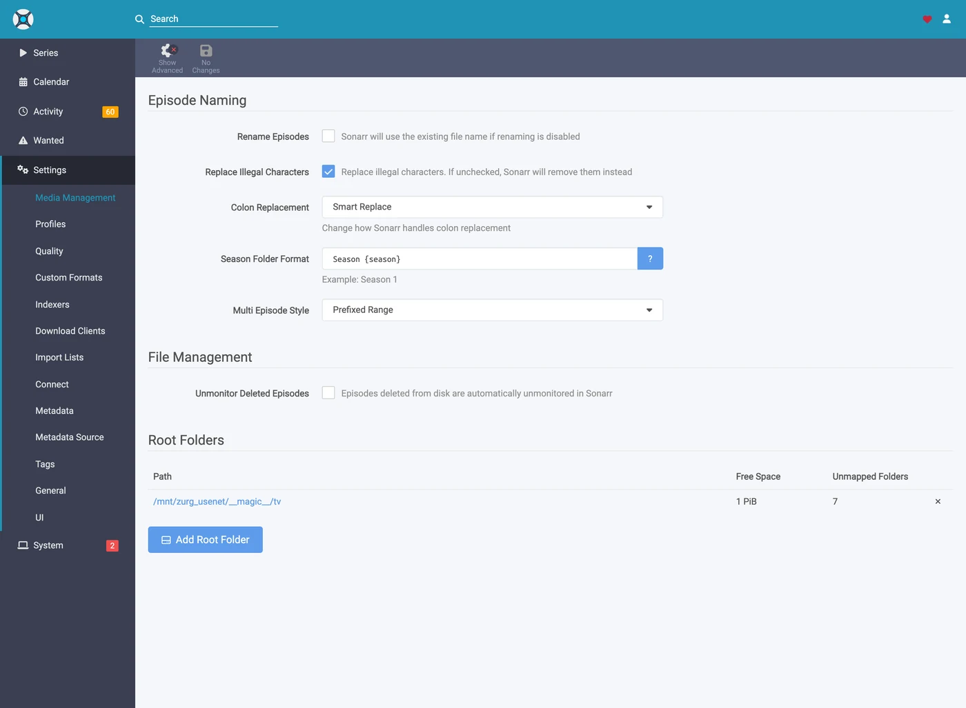The root folder added, showing free space and unmapped folders