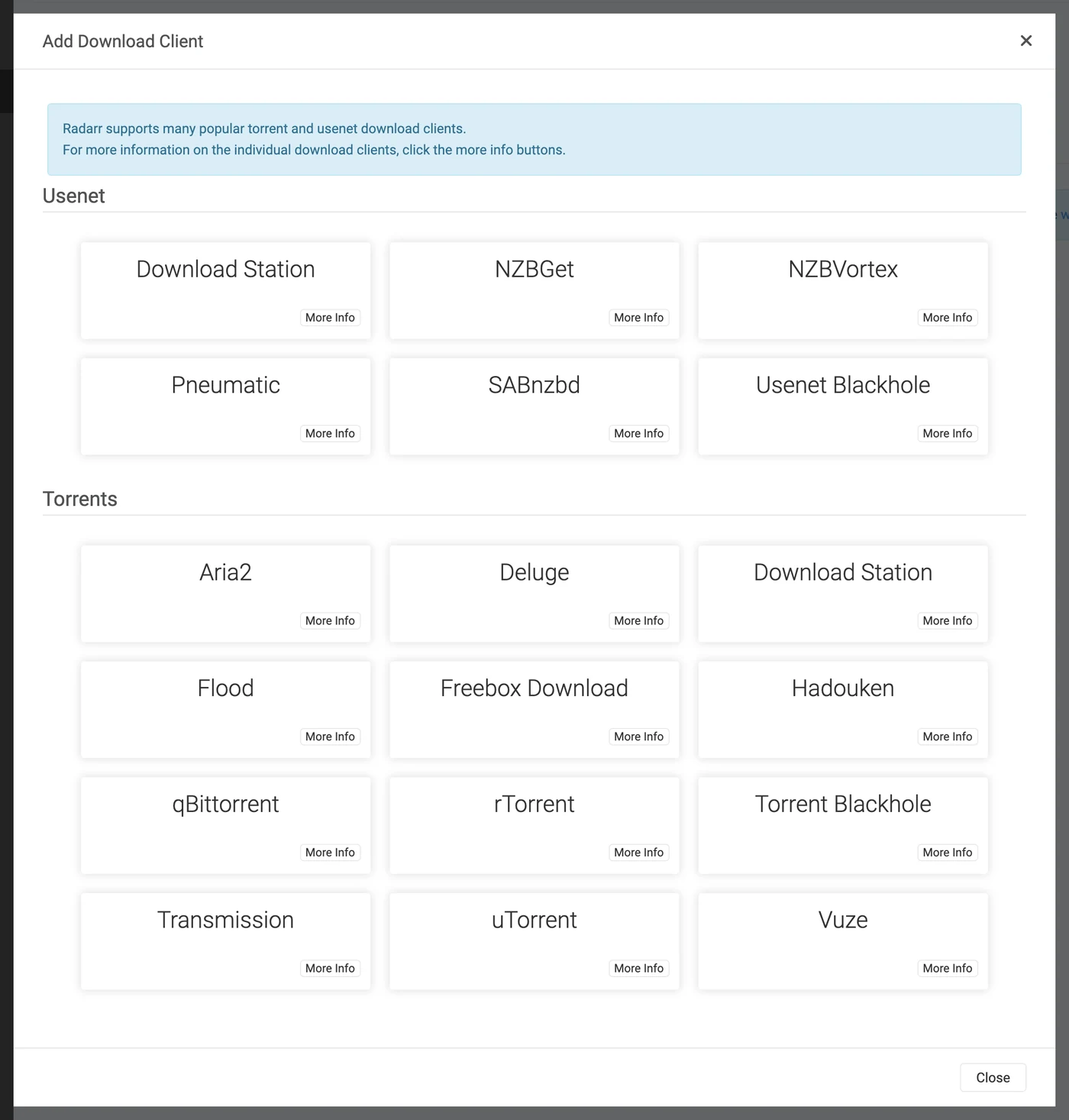 Radarr's add download client picker