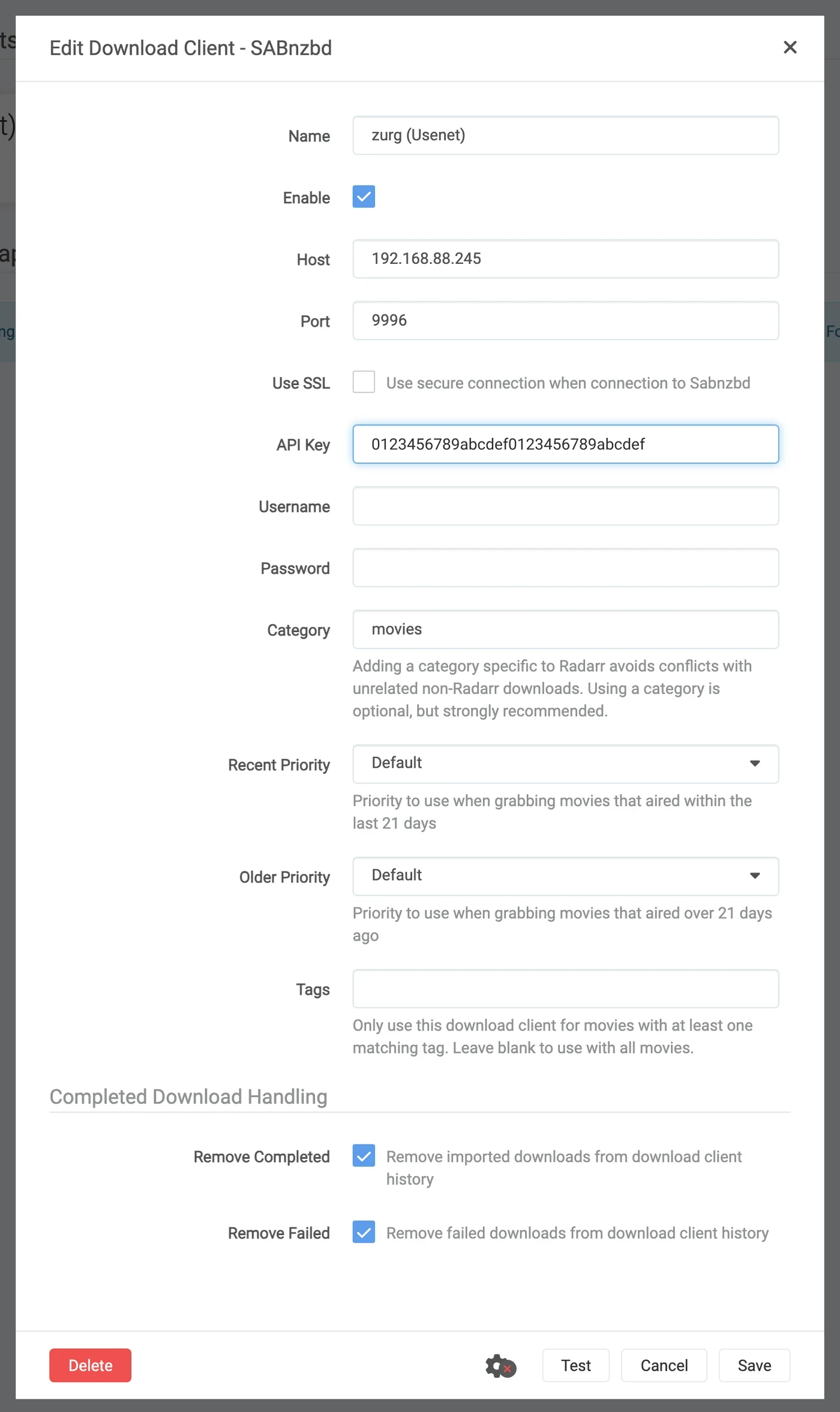 Radarr's SABnzbd dialog filled in with the movies category