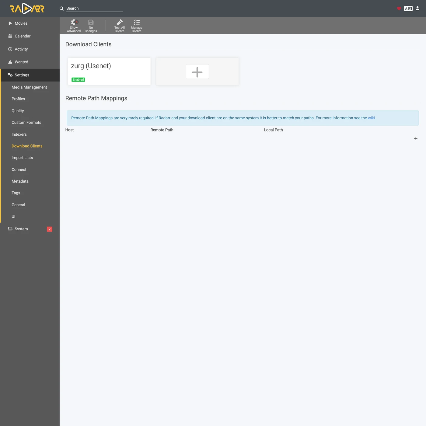 The saved download client card in Radarr