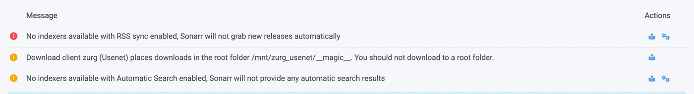 Sonarr health check warning about a root folder at the completed directory