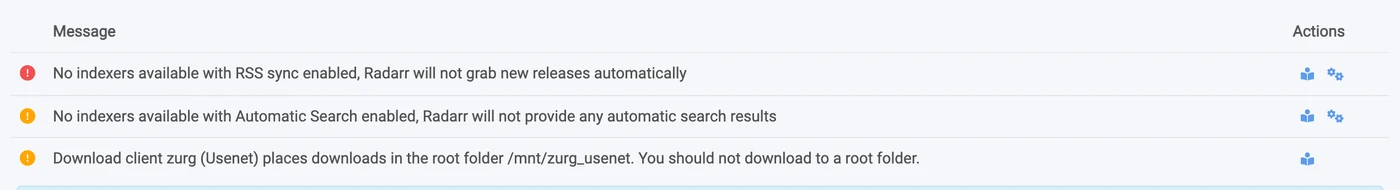 Radarr health check warning about a root folder above the completed directory
