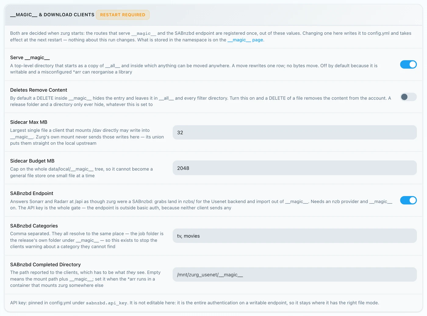 The magic and download clients block on the config page