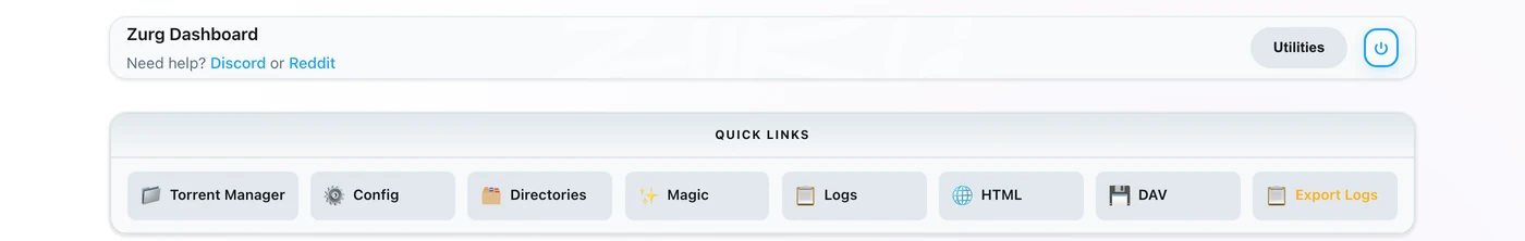 The zurg dashboard's Quick Links