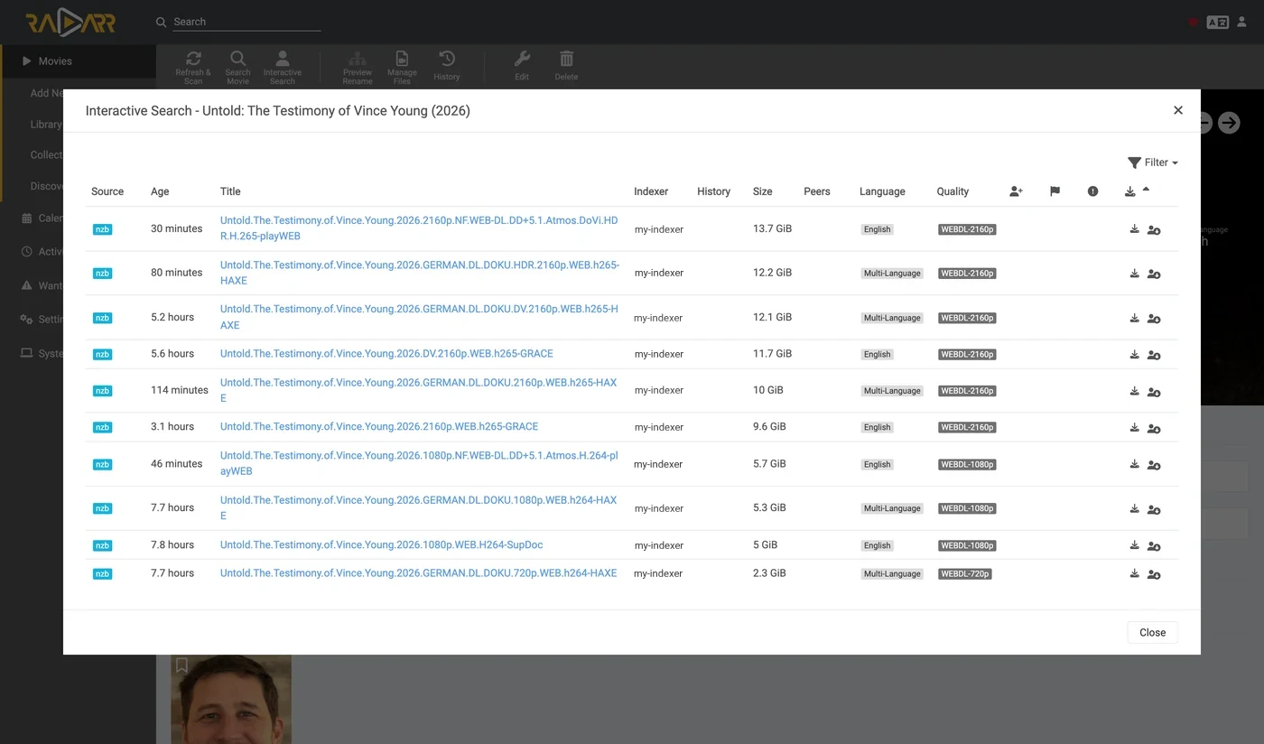 Radarr's interactive search results