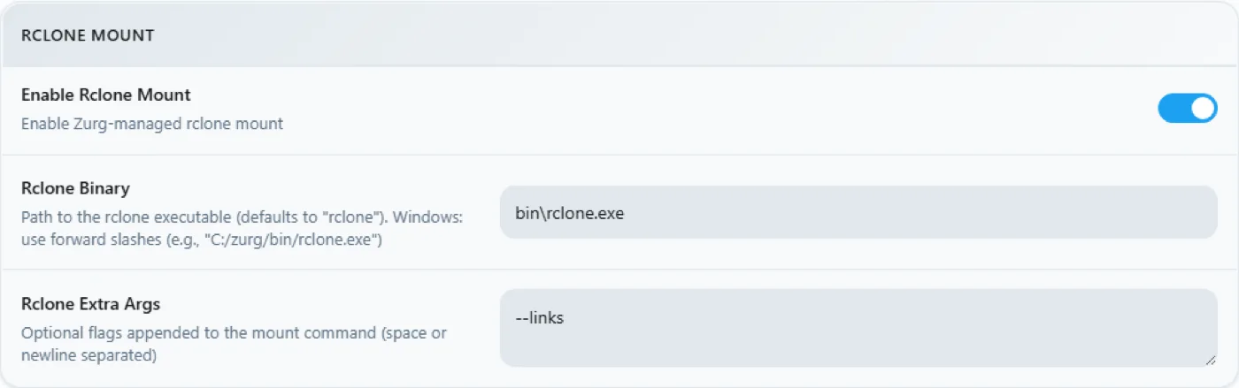 The rclone mount block with Z: configured