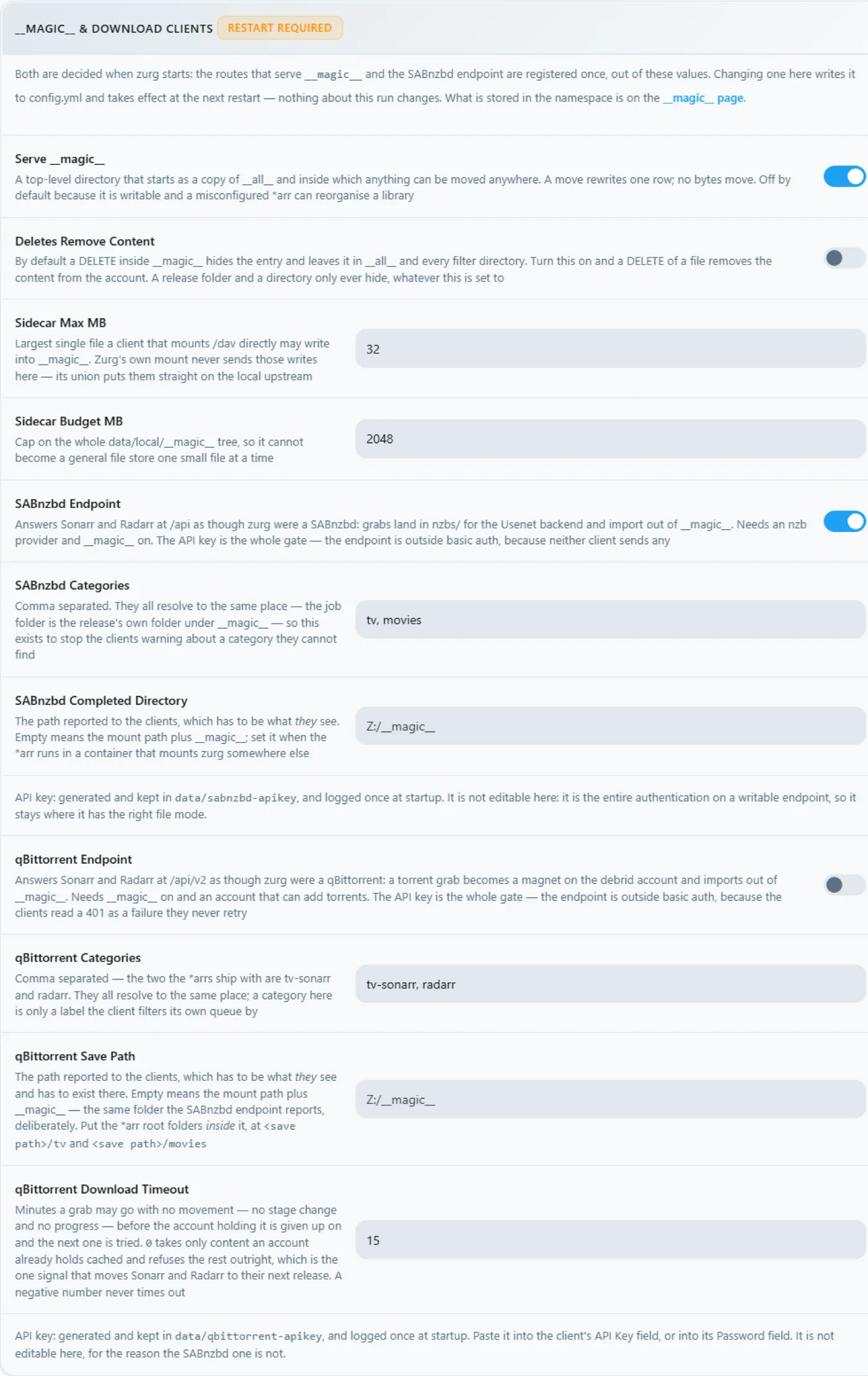The magic and download clients block with the SABnzbd endpoint on