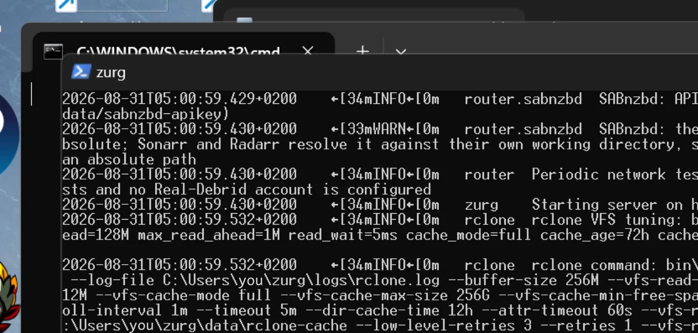 zurg serving Usenet in a PowerShell window